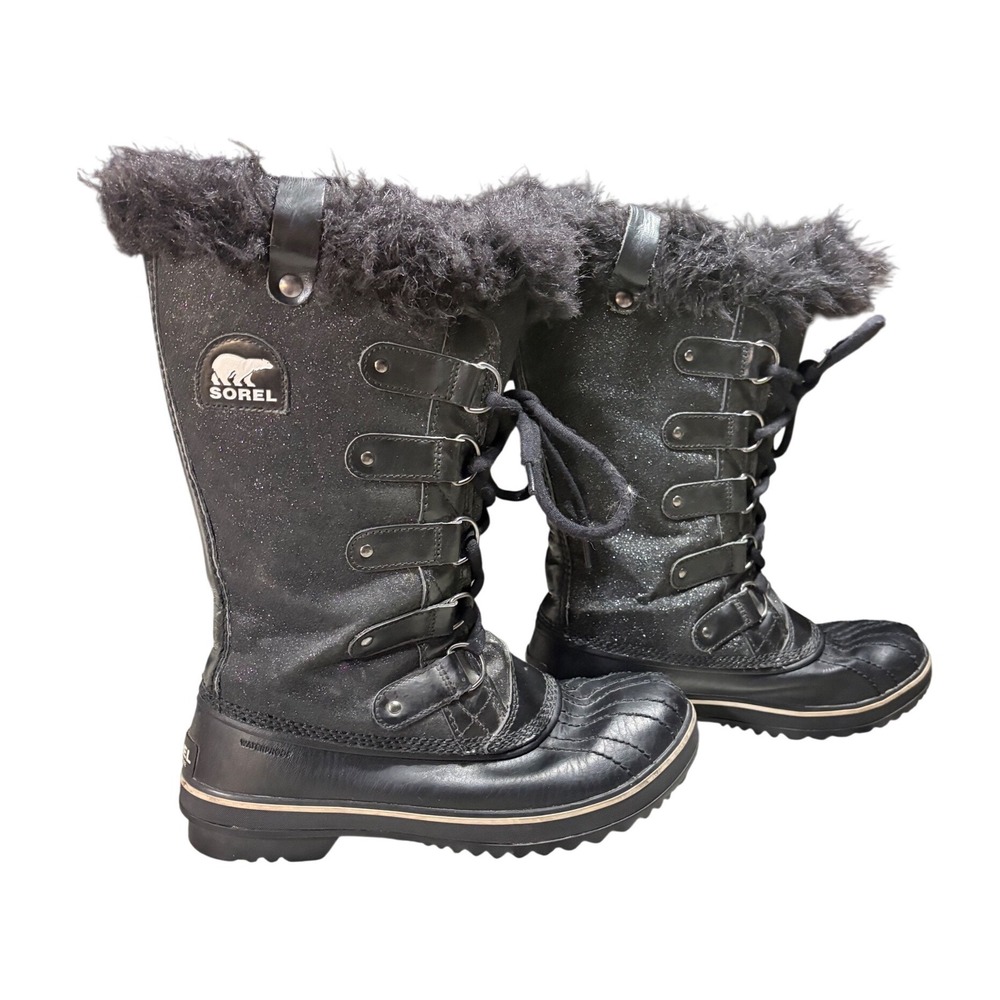 Sorel Tofino Snow Boots Women 8‎ Black Sparkle Waterproof Faux Fur Trim EUC